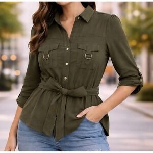 KAII Olive Green Utility Button Down Peplum Blouse Roll Tab Sleeve S M1572RO